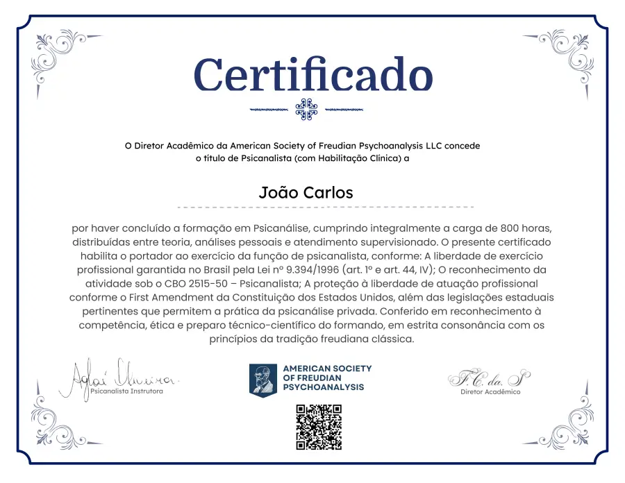 Modelo do certificado da 精神分析培训 da Freud Academy