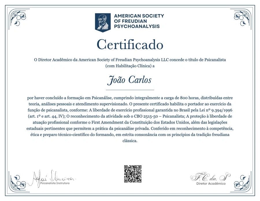 Modelo do certificado da Formação em Psicanálise da Freud Academy