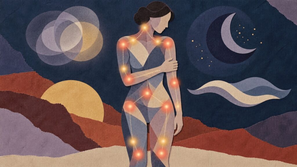 Colagem geométrica de uma pessoa com pontos luminosos de dor difusa nos ombros, braços, quadris e pernas, representando sintomas da fibromialgia