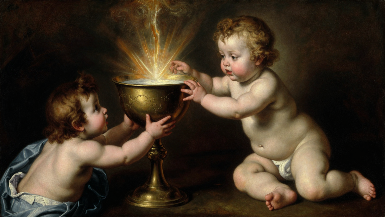 O calice luminoso representa o objeto bom; o gesto ambivalente mostra como a inveja transforma a fonte de cuidado em alvo de ataque.